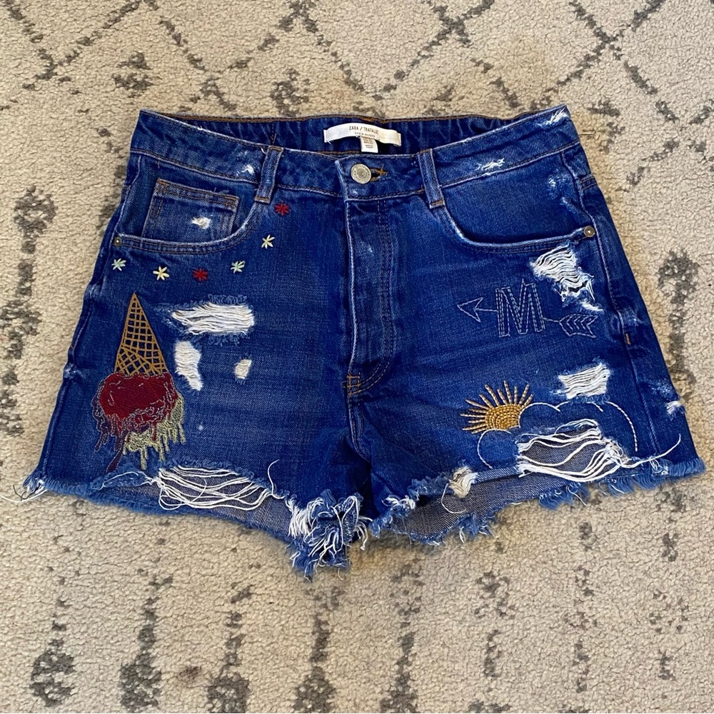 Zara embroidered cut off denim jean shorts 2